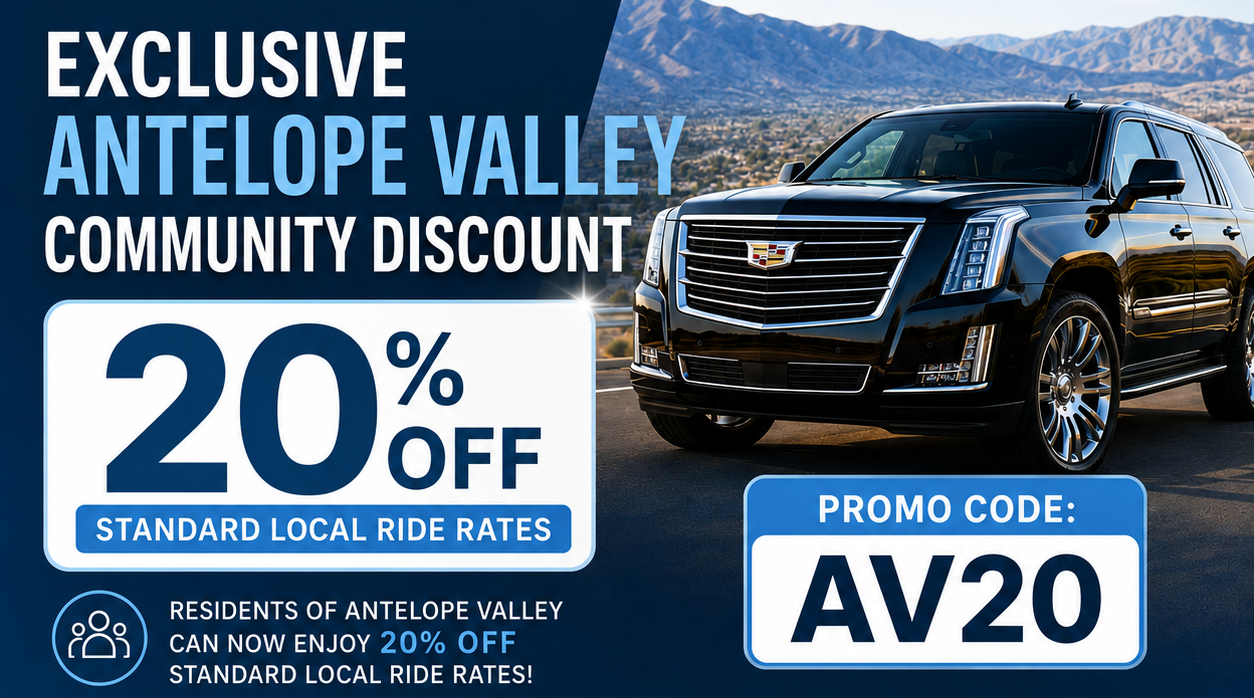 Luxury SUV transportation service in Antelope Valley with 20% off local rides at VIPSUVS.com using Promo Code AV20.
